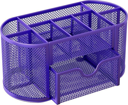 EasyPAG Mesh Pen Holder Desk Organizer with Drawer Stationery Supplies Organizer for Dorm School 9 Compartments Workspace Desk Accessories Organization for Office, Purple