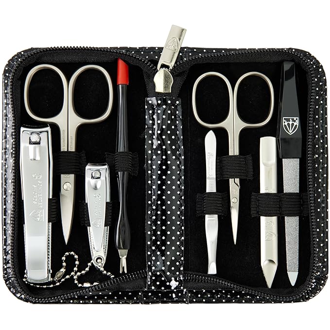 3 Swords Germany – brand quality 8 piece manicure pedicure grooming kit set for professional nail care with synthetic leather case black silver spots - Made in Germany