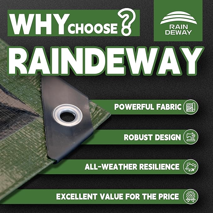 16x20 Feet Tarp Waterproof,9Mil Thick,Finished Size Tarps,UV Resistant,Durable,Multipurpose Poly Tarp Cover with Metal Grommets and Reinforced Edges,Green/Black by RAINDEWAY