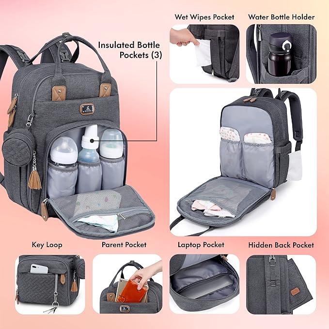 Dikaslon Diaper Bag Backpack with Portable Changing Pad, Pacifier Case and Stroller Straps, Large Unisex Baby Bags for Boys Girls, Multipurpose Travel Back Pack for Moms Dads, Dark Gray