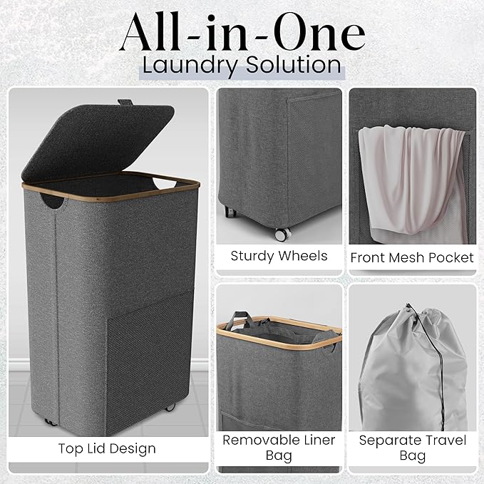 Laundry Basket with Wheels and Handle - 100L Bamboo-Fabric Laundry Hamper with Lid, Front Mesh Pocket, Travel Bag, Sturdy Wheels, Gray