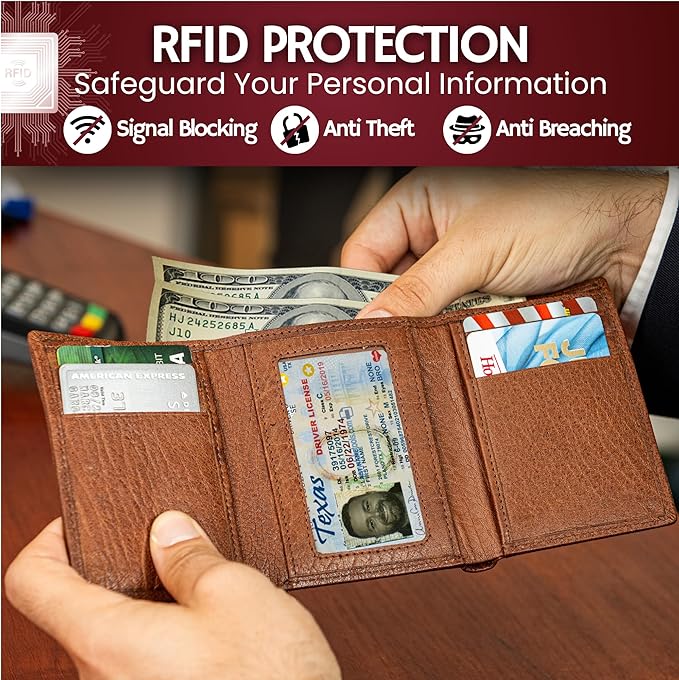 BULL GUARD Leather Trifold Wallets For Men with ID and RFID Blocking Great For Work, Sports, Outdoors