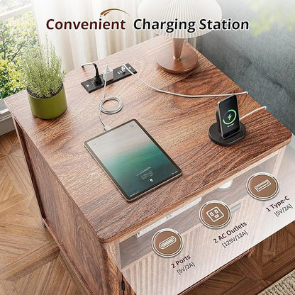 Fluted Nightstand with Charging Stations, 23.6" Wide Walnut Nightstand with Storage Drawers, Side Tables, Modern Farmhouse End Tables for Bedroom, Walnut Brown