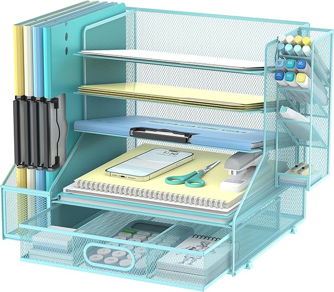 DALTACK Mesh Desk Organizer, 5-Tier Paper Letter Tray with File Holder & Pen Holder & Sliding Drawer, Desktop Organizer and Storage for Desk Accessories Office Supplies, Blue