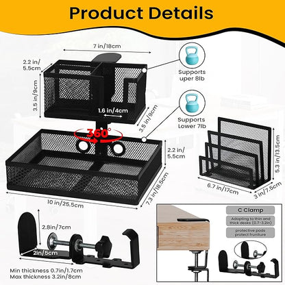 6-in-1 Under Desk Drawer Organizer with Clip On Cup Holder, Easy to Install Standing Desk Drawer Attachment, Space-Saving Clamp Organizer for Home & Office