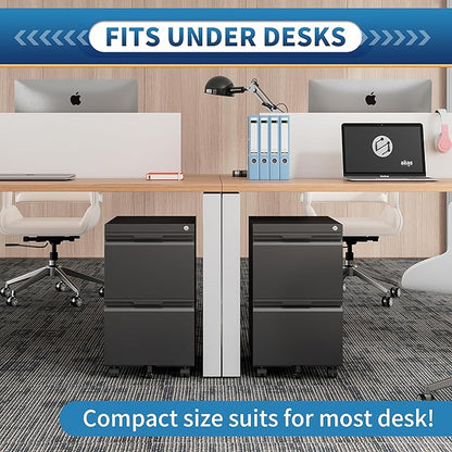 2 Drawer File Cabinet with Lock,Rolling Vertical File Cabinets for Home Office,Small Metal Filing Cabinet Office Drawers Under Desk for A4-Size/Letter-Size/Legal-Size- Assembly Required/Black