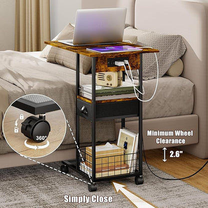 Rolling C-Shaped Side Table with Charging Station, Night Stand with Type-C & USB Port and Outlet for Bedroom, Spacious Coffee Table with Wheels for Living Room, Home Office, Small Space(Large Desktop)