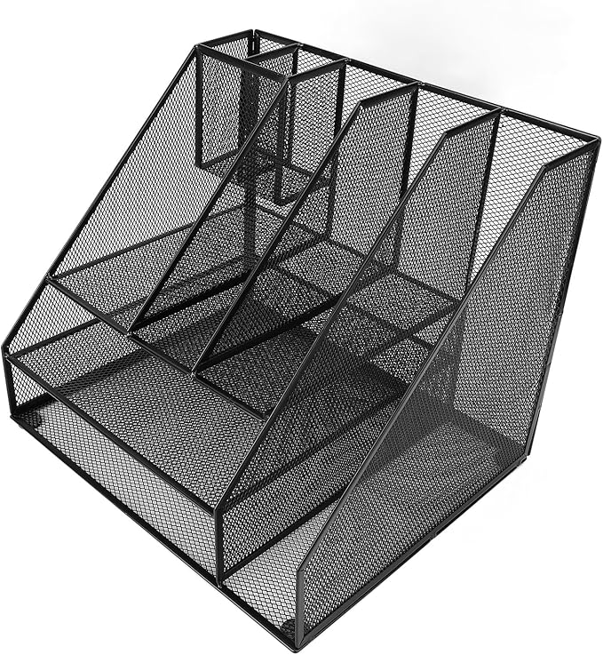 Hyuduo Office Desk Organizer, Black Iron Mesh 3 Tier Paper Letter Tray with 2 Pen Holders and File Rack Metal Structure for Office and Home Desk Organization