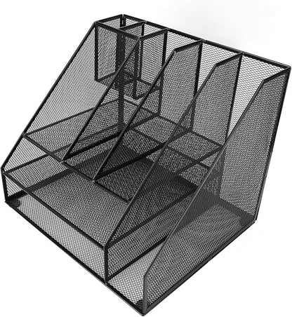 Hyuduo Office Desk Organizer, Black Iron Mesh 3 Tier Paper Letter Tray with 2 Pen Holders and File Rack Metal Structure for Office and Home Desk Organization