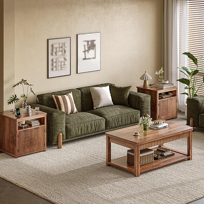 Fluted Nightstands Set of 2 with Charging Stations, 23.6" Wide Walnut Nightstand with Storage Drawers, Side Tables, Modern Farmhouse End Tables for Bedroom, Walnut Brown