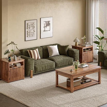 Fluted Nightstands Set of 2 with Charging Stations, 23.6" Wide Walnut Nightstand with Storage Drawers, Side Tables, Modern Farmhouse End Tables for Bedroom, Walnut Brown