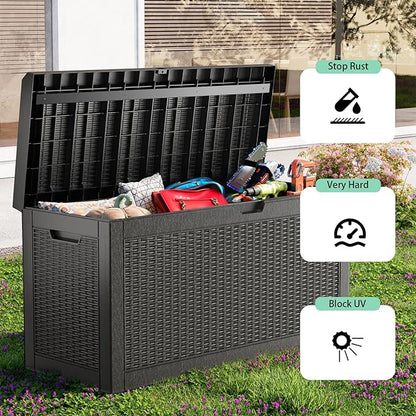 60 Gallon Deck Box,Resin Outdoor Storage Box with Lockable for Patio Furniture, Pool Accessories, Garden Tools, Waterproof Outside Storage Box, Black Pattern