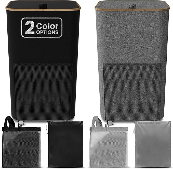 Laundry Basket with Wheels and Handle - 100L Bamboo-Fabric Laundry Hamper with Lid, Front Mesh Pocket, Travel Bag, Sturdy Wheels, Gray