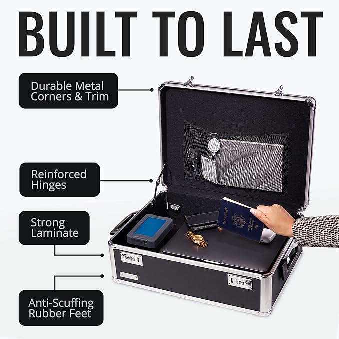 Vaultz Storage Lock Box - 6.5 x 23 x 13.5 Inch - Secure Dorm Storage Trunk with Combination Lock - Ideal Briefcase, Medicine Box, and Personal Item Lock Box - Store Cash, Laptop - Black/Silver