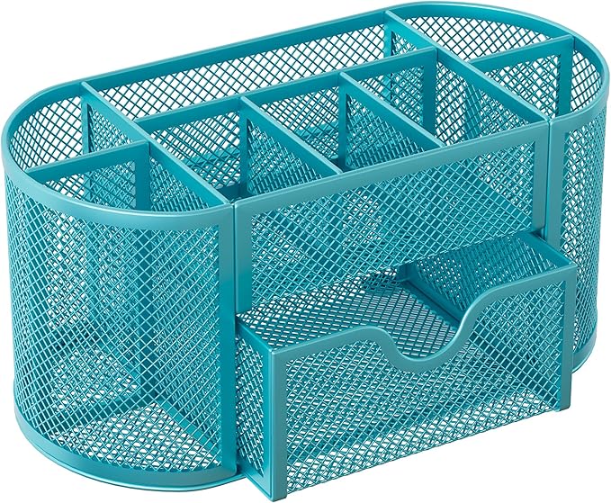 EasyPAG Mesh Pen Holder Desk Organizer with Drawer Stationery Supplies Organizer for Dorm School 9 Compartments Workspace Desk Accessories Organization for Office, Blue