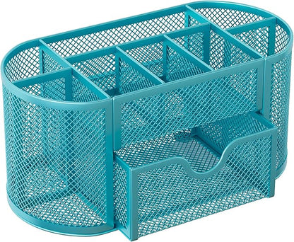 EasyPAG Mesh Pen Holder Desk Organizer with Drawer Stationery Supplies Organizer for Dorm School 9 Compartments Workspace Desk Accessories Organization for Office, Blue