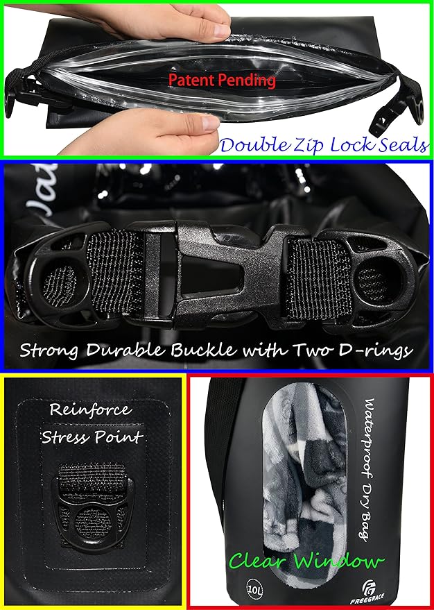Freegrace Waterproof Dry Bags Set of 3 Dry Bag with 2 Zip Lock Seals & Detachable Shoulder Strap, Waist Pouch & Phone Case - Can Be Submerged Into Water - for Swimming (Black(Window), 10L)