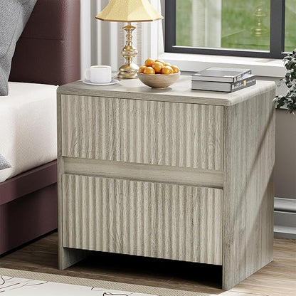 Fluted Nightstand, 23" Wood Bedside Table with 2 Storage Drawers, Modern Night Stand for Bedroom, Office, Grey