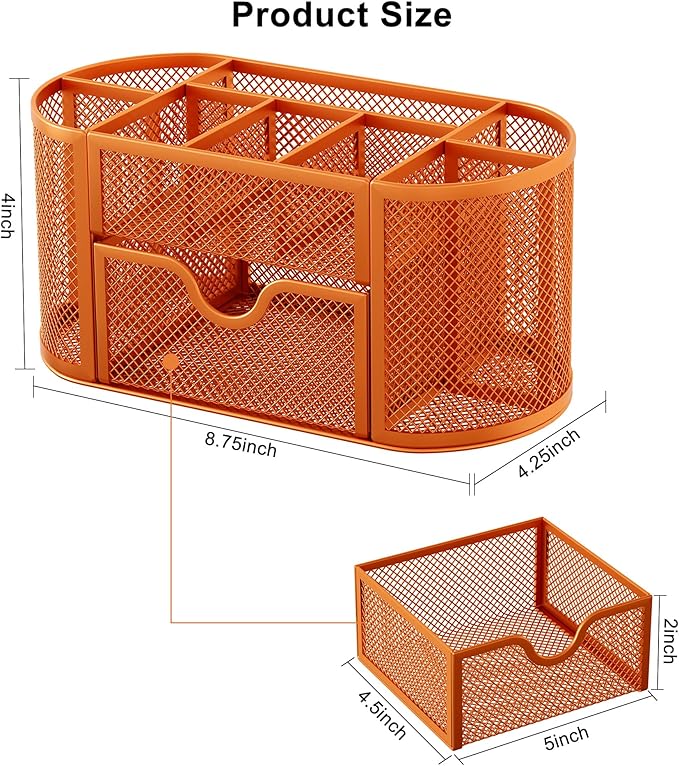 EasyPAG Mesh Pen Holder Desk Organizer with Drawer Stationery Supplies Organizer for Dorm School 9 Compartments Workspace Desk Accessories Organization for Office, Orange