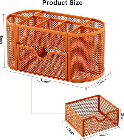 EasyPAG Mesh Pen Holder Desk Organizer with Drawer Stationery Supplies Organizer for Dorm School 9 Compartments Workspace Desk Accessories Organization for Office, Orange