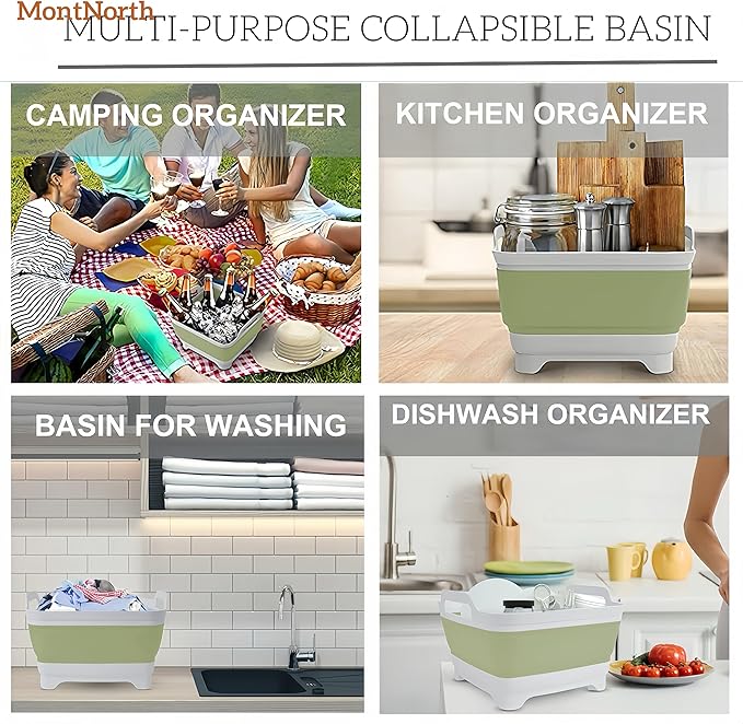 Collapsible Wash Basin 9L, Foldable Dish Tub with Drain Plug, Portable Collapsible Dish Basin, Camping Sink for Washing Dishes, Laundry & Kitchen Use (Green)