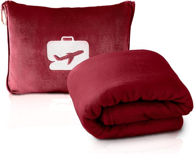 EverSnug Travel Blanket and Pillow - Ultra-Soft, Compact & Lightweight, 65x40 Inches, with Carry Case, Luggage Sleeve & Backpack Clip for Airplane Comfort (Burgundy)