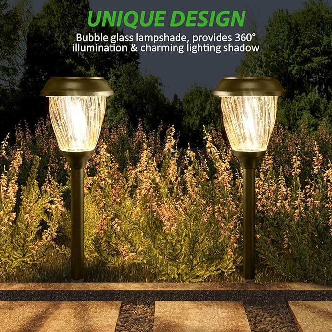 XMCOSY+ Solar Pathway Lights Outdoor, 10/25 LM in 2 Lighting Modes, Glass Stainless Steel Waterproof Outside Solar Powered Garden LED Lights for Yard Lawn Driveway Walkway Landscape Decor(Warm White)