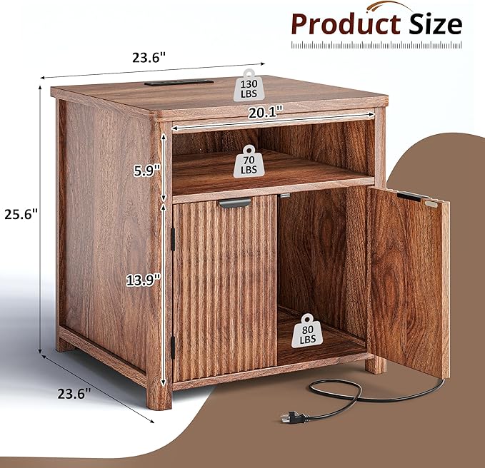 Fluted Nightstands Set of 2 with Charging Stations, 23.6" Wide Walnut Nightstand with Storage Drawers, Side Tables, Modern Farmhouse End Tables for Bedroom, Walnut Brown