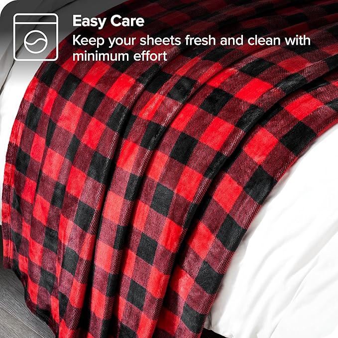 Bare Home Textured Fleece Blanket - Throw/Travel - Ultra-Soft Lightweight for Bed, Sofa, and Couch - Luxury Microplush - Cozy Warm Blanket (Throw/Travel, Buffalo Plaid - Red/Black)