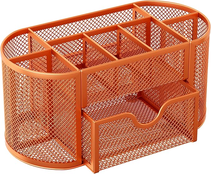 EasyPAG Mesh Pen Holder Desk Organizer with Drawer Stationery Supplies Organizer for Dorm School 9 Compartments Workspace Desk Accessories Organization for Office, Orange