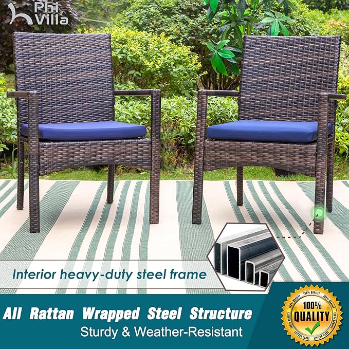 PHI VILLA 4 Pieces Patio Cushioned Rattan Chairs, Outdoor Modern PE Wicker Dining Armchair with Removable Cushions for Deck, Yard, Porch