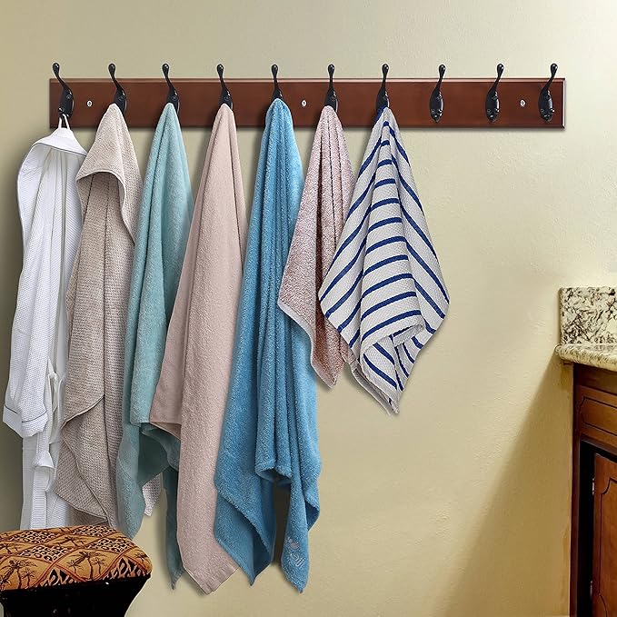 Dseap Coat Rack Wall Mounted: 10-Hooks, 16" Hole to Hole, 38-1/4" Long, Wood Coat Hooks Wall Mounted, Hook Rack, Hook Rail, Hooks for Hanging Coats, Brown & Black