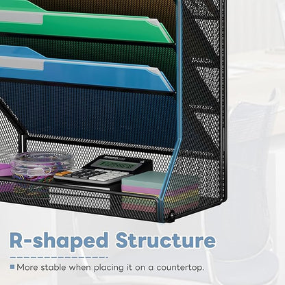 File Organizer Wall Mounted 5 Tiers, Durable Adjustable Metal Vertical Hanging, Stable R-Shaped Bottom 4 Pull-Out Deviders to Sort File,Mail,Newspaper,Pen, Suitable for Office,Black