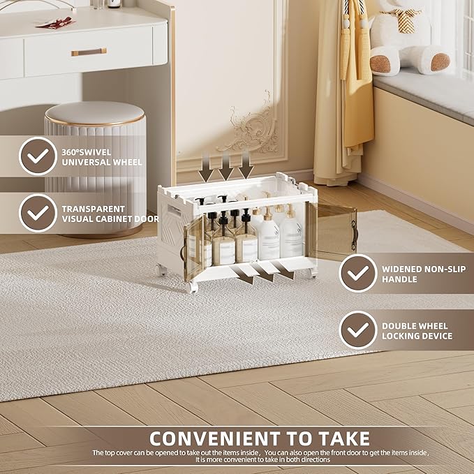 36 QT / 9 Gal Magnetic Double Door Cabinet with Wheels - Foldable Stackable Design, Leather Handles, Water Resistant Organizer for Bathroom, Kitchen