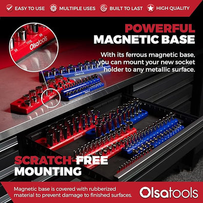 Olsa Tools Magnetic Socket Organizers | 3 Piece Set Socket Holder Kit | 1/2-Inch, 3/8-Inch, & 1/4-Inch Drive | SAE Red | Holds 68 Sockets | Professional Quality Tools Organizer Part 1150