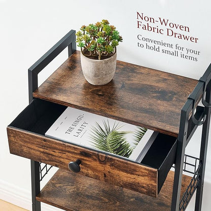 3-Tier Ladder Shelf with Drawer, Bathroom Stand Floor Storage Shelf, Freestanding Tower Shelf Ladder Table for Living Room, Bedroom -Rustic Brown