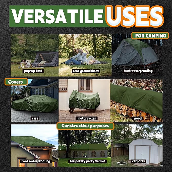 12x12 Feet Tarp Waterproof,9Mil Thick,Finished Size Tarps,UV Resistant,Durable,Multipurpose Poly Tarp Cover with Metal Grommets and Reinforced Edges,Green/Black by RAINDEWAY