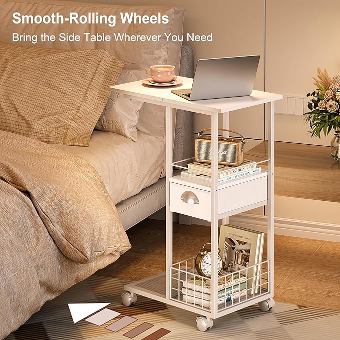Rolling Side Table with Storage, White Bedside Table with Wheels, Accent C Table for Sofa, Portable Desk on Wheels, Modern Night Stand, Overbed Table for Bedroom, C Shaped End Tables Living Room, Dorm