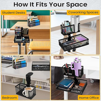 6-in-1 Under Desk Drawer Organizer with Clip On Cup Holder, Easy to Install Standing Desk Drawer Attachment, Space-Saving Clamp Organizer for Home & Office