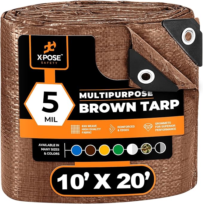 Multipurpose Protective Cover Brown Poly Tarp 10' x 20' - Durable, Water Resistant, Weather Resistant - 5 Mil Thick Polyethylene - by Xpose Safety