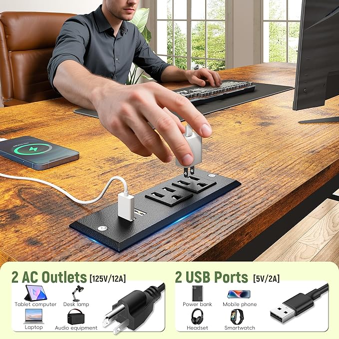 47.2 Inch Office Desk with Power Outlet & Ergonomic Monitor Stand,Gaming Desk with CPU Stand& LED Lights,Computer Desk with Drawer for Home Work,Study Redroom and Gaming,Small Spaces,Rustic Brown