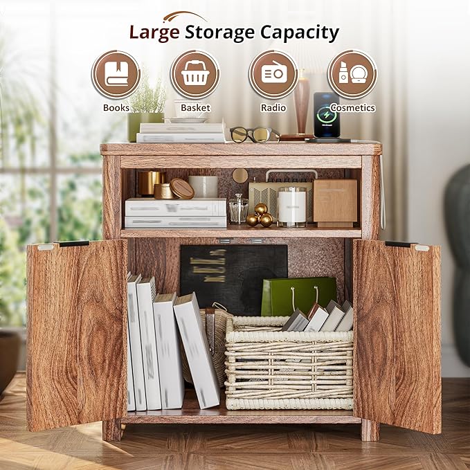 Fluted Nightstands Set of 2 with Charging Stations, 23.6" Wide Walnut Nightstand with Storage Drawers, Side Tables, Modern Farmhouse End Tables for Bedroom, Walnut Brown