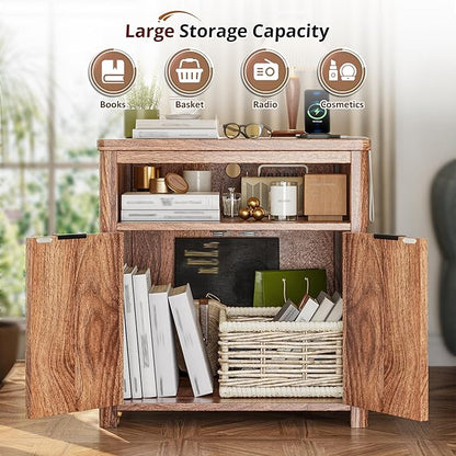 Fluted Nightstands Set of 2 with Charging Stations, 23.6" Wide Walnut Nightstand with Storage Drawers, Side Tables, Modern Farmhouse End Tables for Bedroom, Walnut Brown