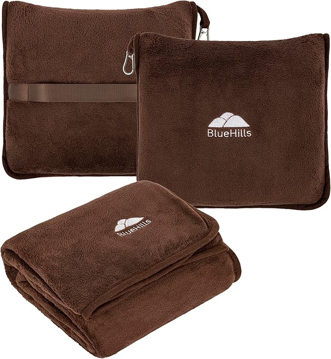 BlueHills Premium Soft Travel Blanket Pillow Airplane Blanket Soft Bag Pillow case with Hand Luggage Belt and Backpack Clip Compact Pack Large Portable Throw Air Plane Flight Travel (Brown T009)