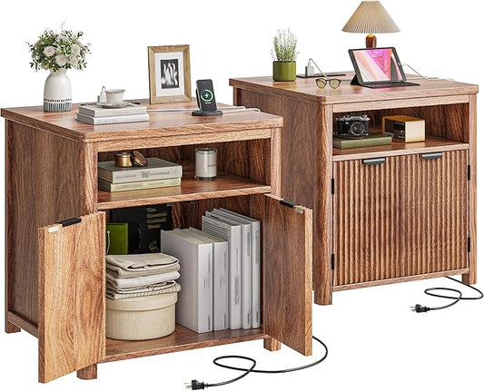 Fluted Nightstands Set of 2 with Charging Stations, 23.6" Wide Walnut Nightstand with Storage Drawers, Side Tables, Modern Farmhouse End Tables for Bedroom, Walnut Brown