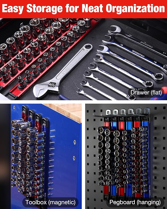 WORKPRO Magnetic Socket Organizer, 1/2" Drive Aluminum Alloy Socket Holder, Heavy Duty Socket Rail with 10 PC Removable Socket Clips, Socket Organizer Tray for Tool Box Drawer (Sockets Not Included)