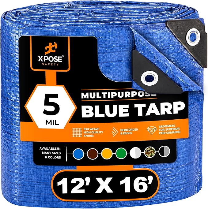 Better Blue Poly Tarp 12' x 16' - Multipurpose Protective Cover - Lightweight, Durable, Waterproof, Weather Proof - 5 Mil Thick Polyethylene - by Xpose Safety