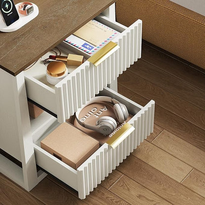 HIFYOBRO Fluted Nightstands Set of 2 with Charging Station & Motion Sensor Light, Modern Bedside Tables with 2 Drawers and Storage Shelf for Bedroom, White