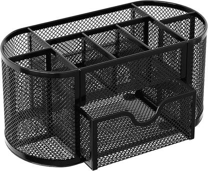 EasyPAG Mesh Pen Holder Desk Organizer with Drawer Stationery Supplies Organizer for Dorm School 9 Compartments Workspace Desk Accessories Organization for Office, Black