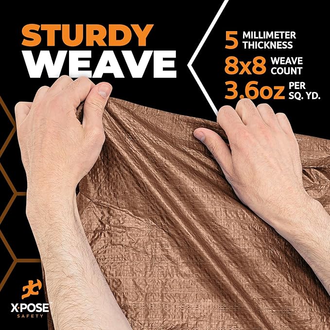 Multipurpose Protective Cover Brown Poly Tarp 9' x 12' - Durable, Water Resistant, Weather Resistant - 5 Mil Thick Polyethylene - by Xpose Safety